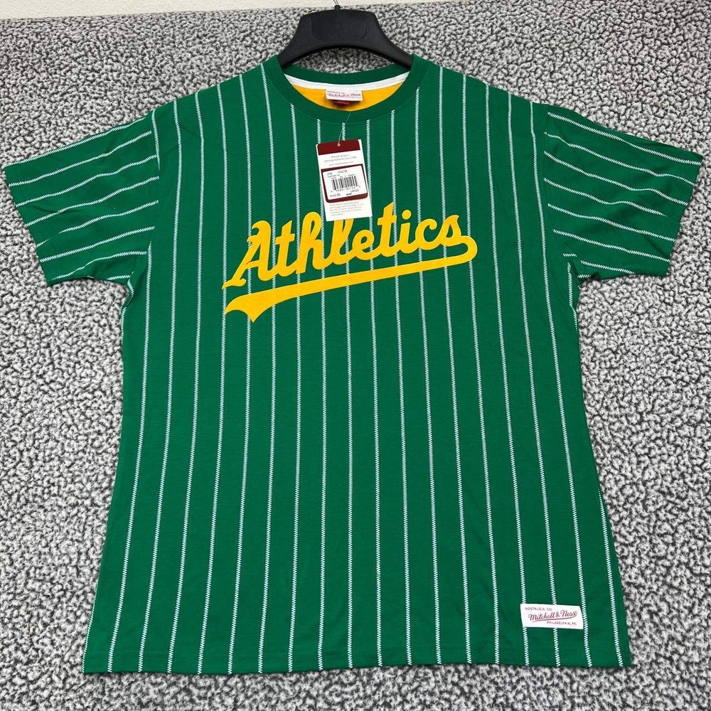 Oakland Athletics Shirt Men Green Large Pinstripes Mitchell & Ness Cotton New L
